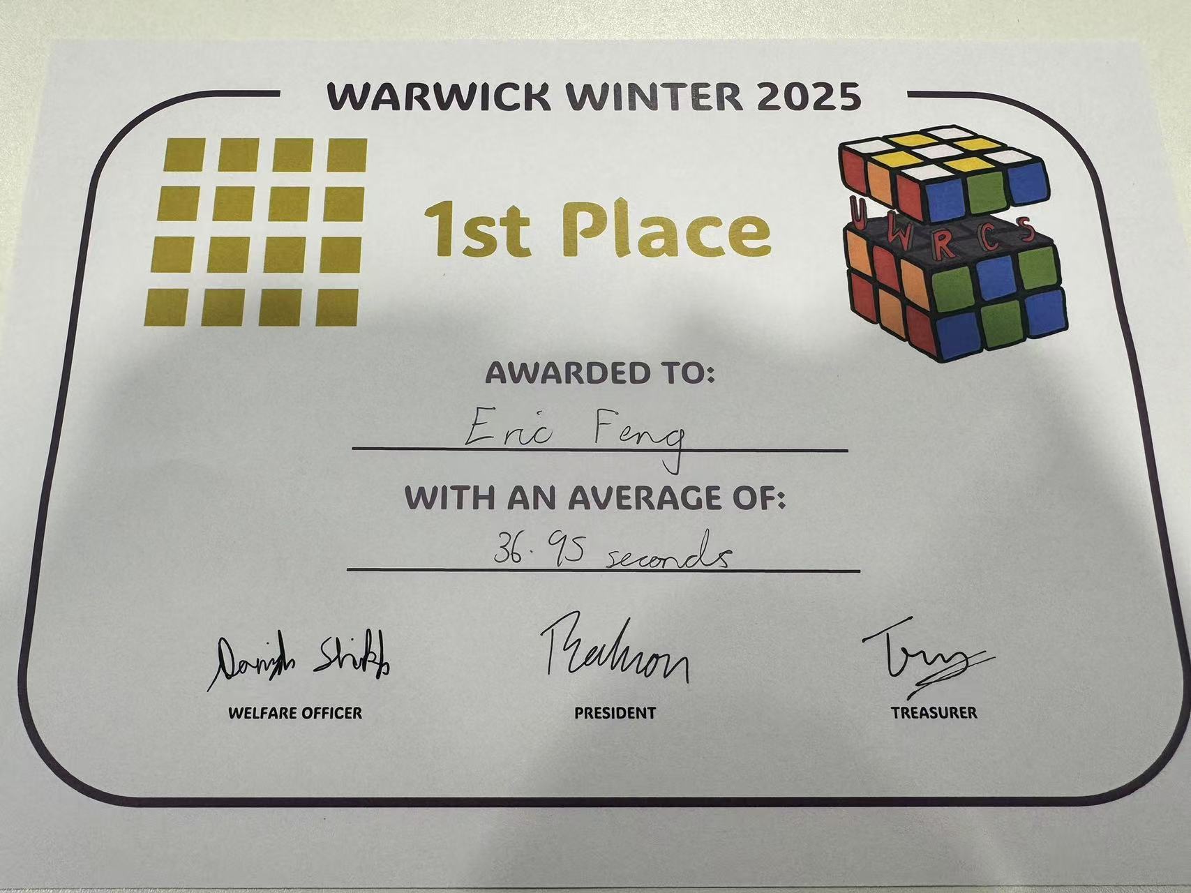 Warwick Winter 2025 四阶魔方冠军证书